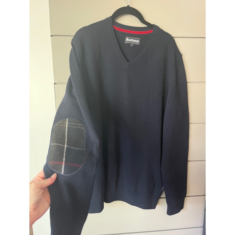 Barbour Navy Wool V-Neck Sweater with Tartan Elbow Patches Heritage‎ Style L